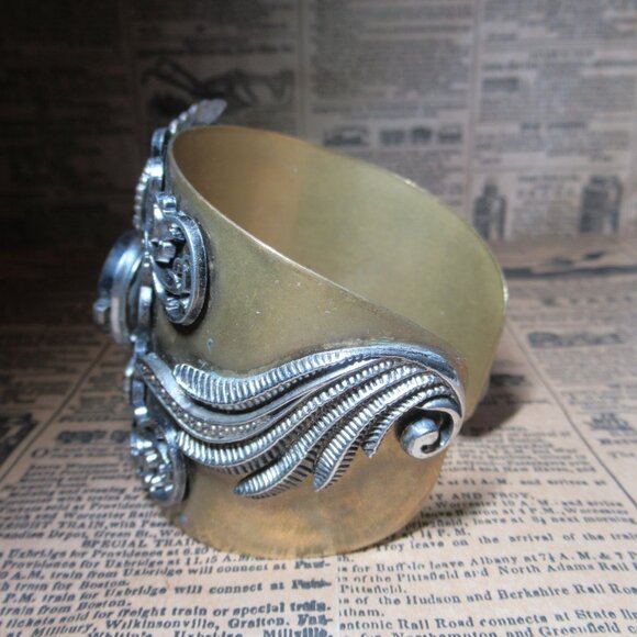 Steampunk Large Wrist Cuff Watch Face Wings Ornate Filigree Chunky Bracelet - Picture 11 of 15